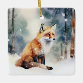 Ornamento De Cerâmica Raposa-De-Corte Na Floresta Coberta De Neve
