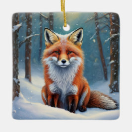 Ornamento De Cerâmica Raposa-De-Corte Na Floresta Coberta De Neve
