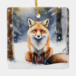 Ornamento De Cerâmica Raposa-De-Corte Na Floresta Coberta De Neve