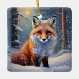 Ornamento De Cerâmica Raposa-De-Corte Na Floresta Coberta De Neve