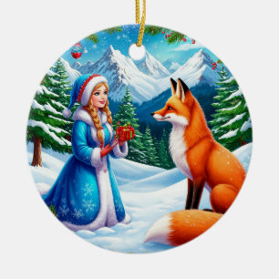 Ornamento De Cerâmica Raposa e Donzela de Neve em Cena de Floresta Inver