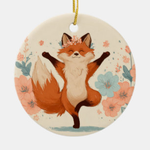 Ornamento De Cerâmica Raposa Feliz com Flores – Arte Animal Caprichosa e