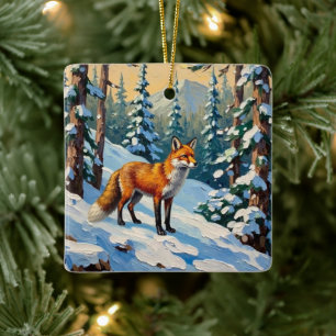 Ornamento De Cerâmica Raposa Vintage na Floresta Nevada Pintura de Natal