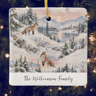 Ornamento De Cerâmica Raposas de Inverno Aquarela Natal Personalizado