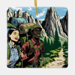 Ornamento De Cerâmica Rastreio de Casal de backpacking por meio de monta<br><div class="desc">Enfeites de natal personalizado bonito para alguém que gosta de caminhar e montanhas. Uma garota asiática e um homem afro-americano caminhando juntos na A.T.</div>