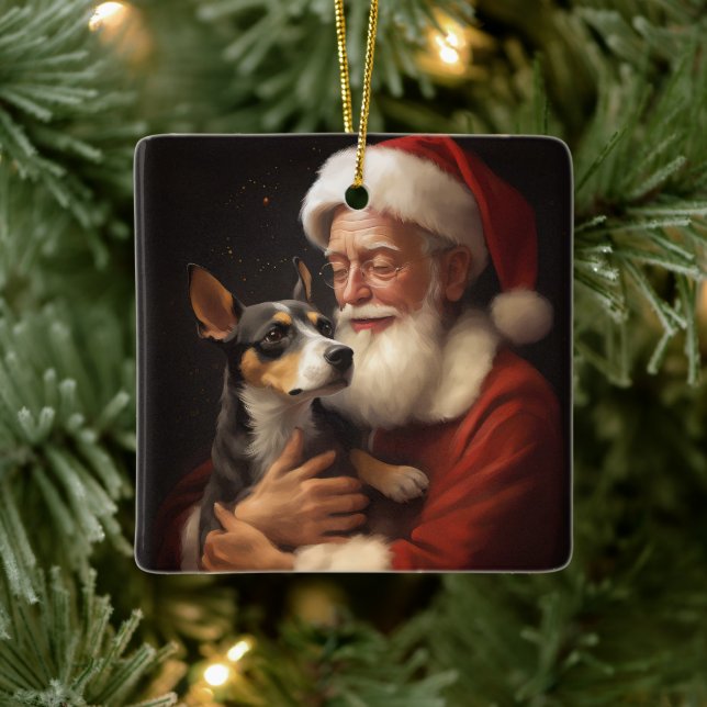 Ornamento De Cerâmica Rat Terrier com Papai Noel Natal Festivo (Árvore)