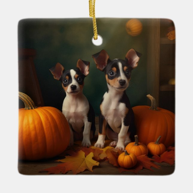 Ornamento De Cerâmica Rat Terrier Puppy Autumn Delight Pumpkin (Frente)