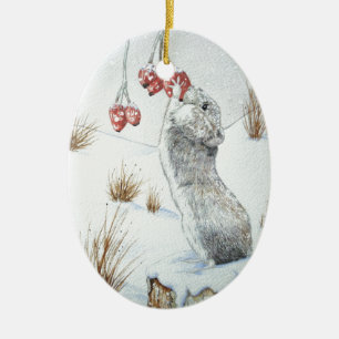 Ornamento De Cerâmica ratinho fofo comendo bagas cena de neve vida selva