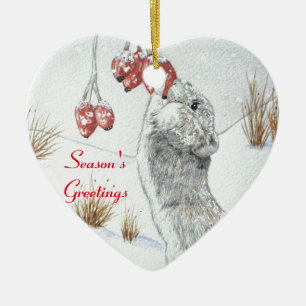 Ornamento De Cerâmica ratinho fofo comendo bagas cena de neve vida selva