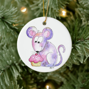 Ornamento De Cerâmica Rato branco bonito com Cupcake