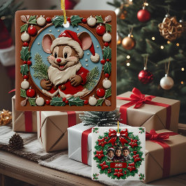 Ornamento De Cerâmica Rato de Natal Animado Personalizável