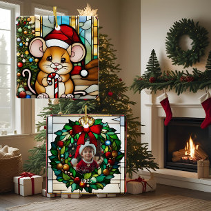 Ornamento De Cerâmica Rato de Natal Vidro Manchado Falso