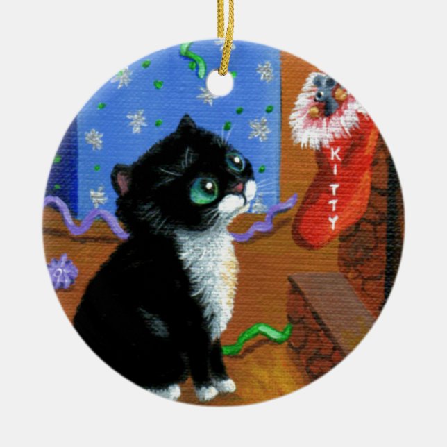 Ornamento De Cerâmica Rato Tuxedo Kitten de Natal Engraçado (Frente)
