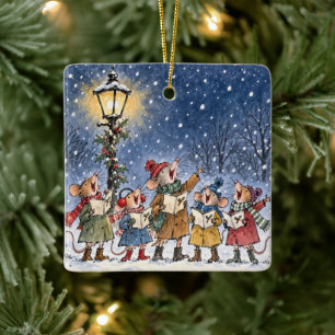 Ornamento De Cerâmica Ratos de Natal Cantando Canções em Flocos de Neve