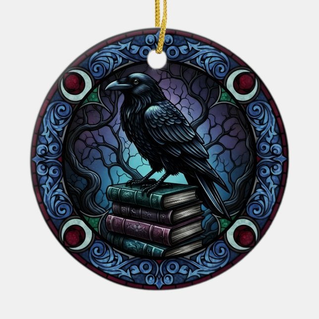 Ornamento De Cerâmica Raven Book Stack Gothic Bookish (Frente)