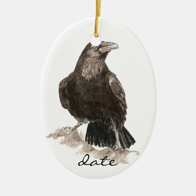 Ornamento De Cerâmica Raven Datado Personalizado, Pássaro Aquarela Anima (Frente)