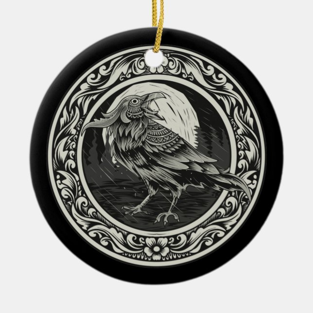 Ornamento De Cerâmica Raven Medallion Carving Art Bird Nature Nunca Mais (Frente)