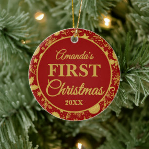 Ornamento De Cerâmica Recém-Nascido Bebê 1º Natal Vermelho Dourado Foto