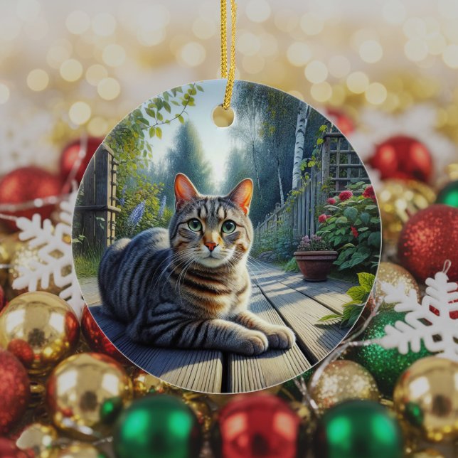 Ornamento De Cerâmica Recordo de Gato Tabby Curioso (Criador carregado)