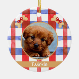 Ornamento De Cerâmica Red and Blue Plaid Round Pet Ornament