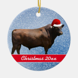 Ornamento De Cerâmica Red Angus Bull e Santa Hat