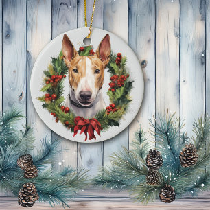 Ornamento De Cerâmica Red Arco Holly Wreath Bull Terrier Dog