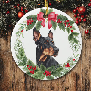 Ornamento De Cerâmica Red Arco Holly Wreath Doberman Pinscher Dog