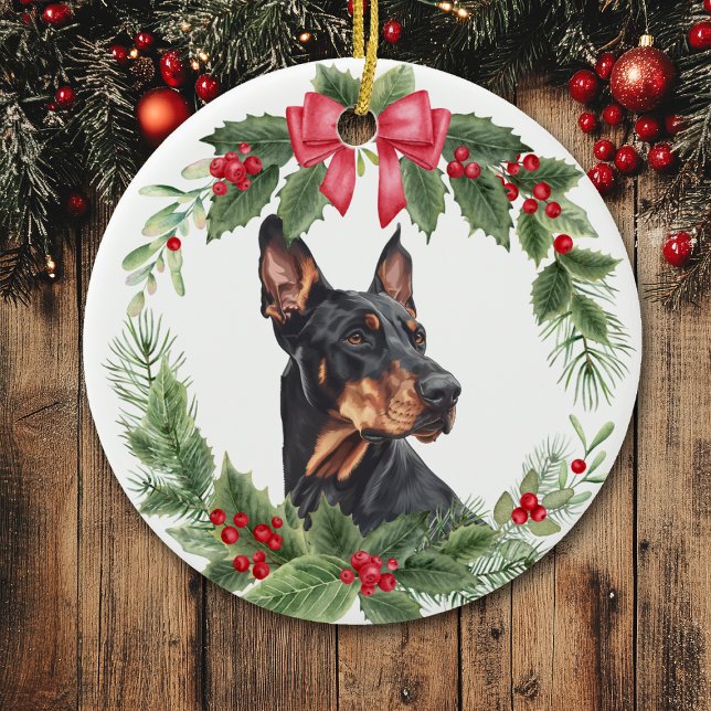 Ornamento De Cerâmica Red Arco Holly Wreath Doberman Pinscher Dog (Criador carregado)