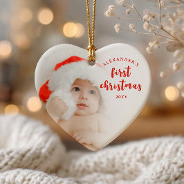 Ornamento De Cerâmica Red Baby’s First Christmas Photo Heart