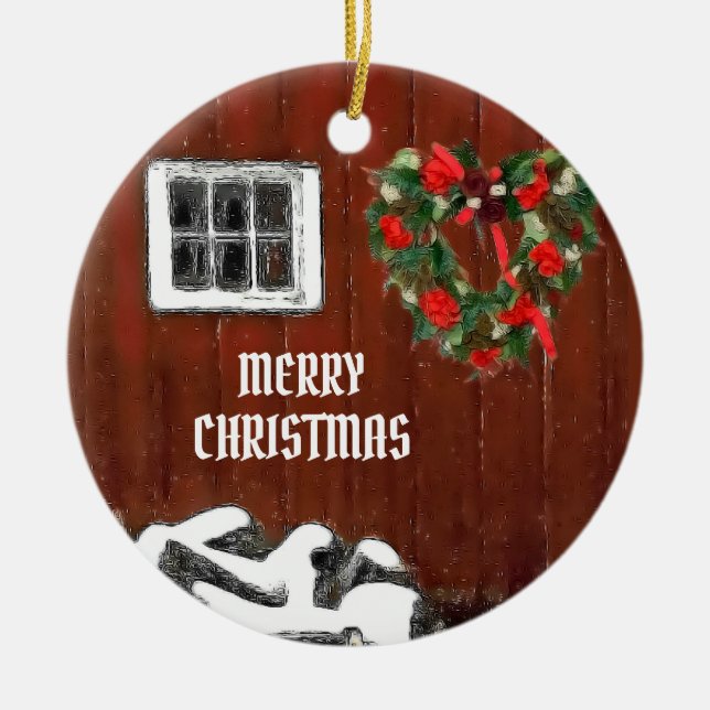 Ornamento De Cerâmica Red Barn Christmas (Frente)