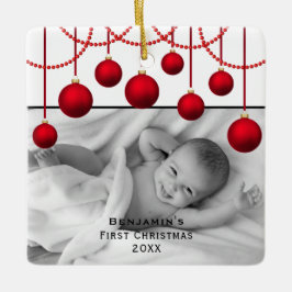 Ornamento De Cerâmica Red Bauble First Christmas Baby Photo Cerâmica Orn