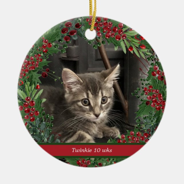 Ornamento De Cerâmica Red Berries e Verdes de Natal 2 Photo Pet (Frente)