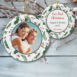Ornamento De Cerâmica Red Berry Holly Modelo de Foto Nosso Primeiro Nata