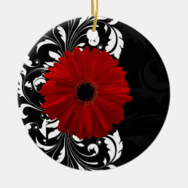 Ornamento De Cerâmica Red, Black and White Scroll Gerbera Daisy