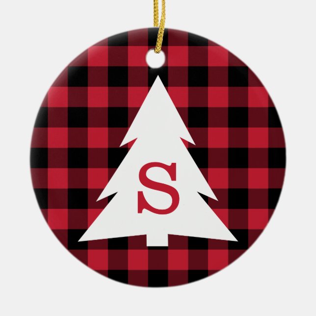 Ornamento De Cerâmica Red Black Buffalo Check Monograma Árvore de Natal (Frente)