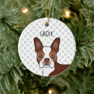 Ornamento De Cerâmica Red Boston Terrier Cartoon Dog Head & Custom Name