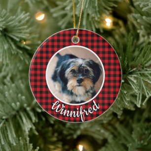 Ornamento De Cerâmica Red Buffalo Check Personalized Pet Photo Christmas