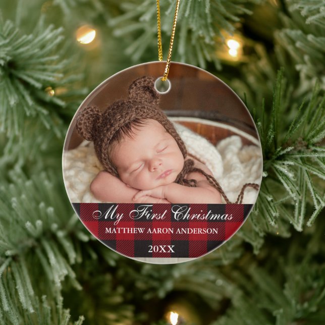 Ornamento De Cerâmica Red Buffalo Xadrez Baby My First Christmas (Árvore)