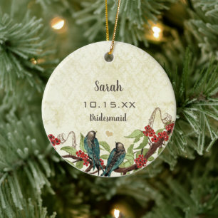 Ornamento De Cerâmica Red Burgundy Vintage Love Bird Mãe da Noiva