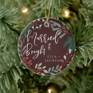Ornamento De Cerâmica Red Casado e Brilhante Primeiro Natal Botânico