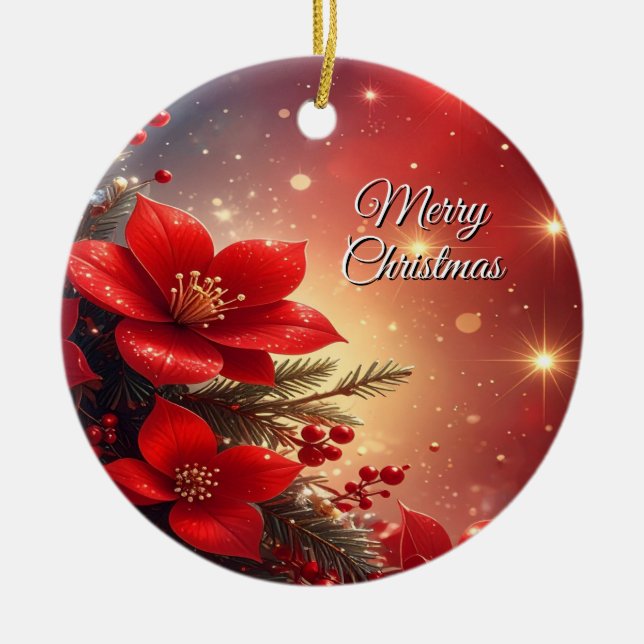 Ornamento De Cerâmica Red Christmas Floral Holiday Ornament (Frente)