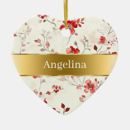 Ornamento De Cerâmica Red Cream Flowers Gold Ribbon Christmas