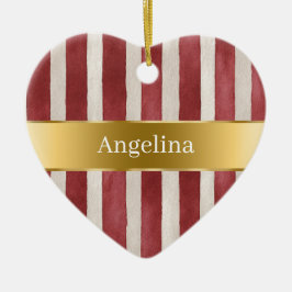 Ornamento De Cerâmica Red Cream White Stripes Gold Ribbon Christmas