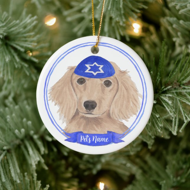 Ornamento De Cerâmica Red Dachshund Dog Hanukkah Personalizado (Árvore)