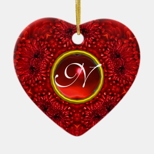 Ornamento De Cerâmica RED DAHLIA RUBY MONOGRAM Heart (Frente)