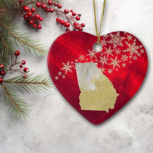 Ornamento De Cerâmica Red Dourado Snowflake Georgia Heart (Criador carregado)