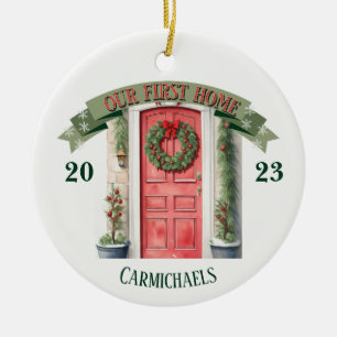 Ornamento De Cerâmica Red Front Door Personalizado Primeiro Natal Domést