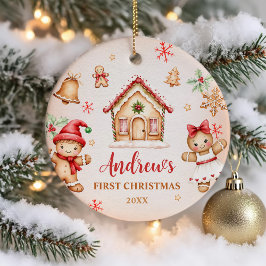 Ornamento De Cerâmica Red Gingerbread House 1st Birthday Party