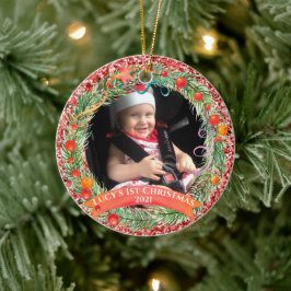 Ornamento De Cerâmica Red Glitter Wreath First Christmas Ornament