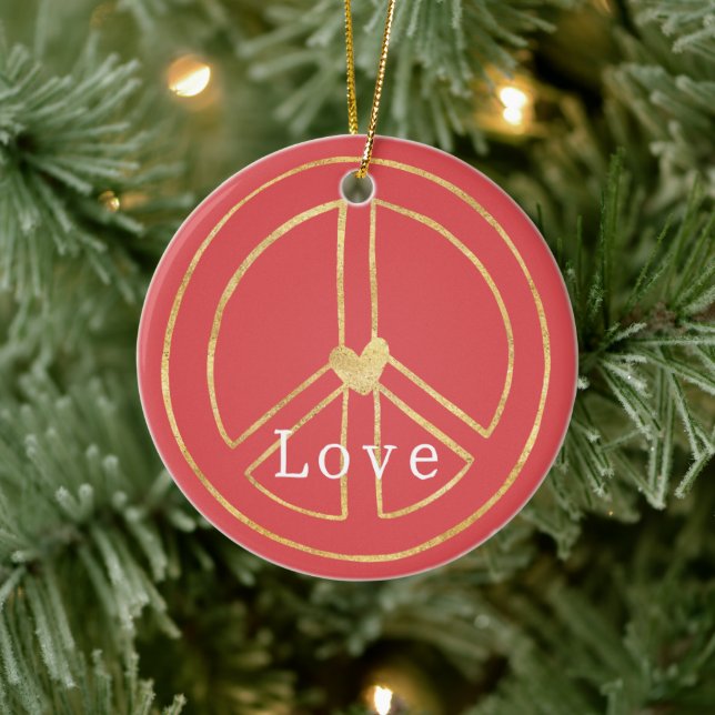 Ornamento De Cerâmica Red Gold Heart Peace Sign Love Christmas (Árvore)